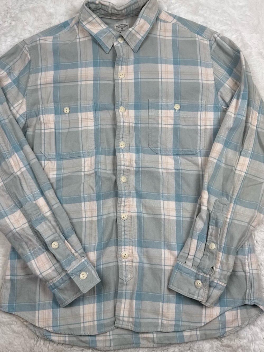 J. Crew 100% Cotton Flannel Button Up Long Sleeve Blue Cream Plaid Men's Large